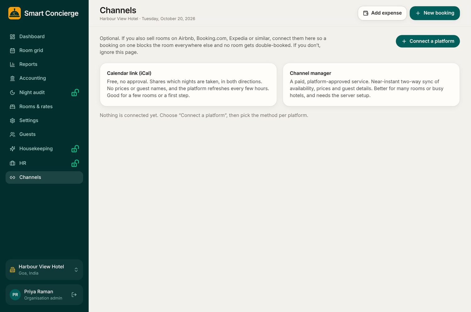 Channels page with calendar link option