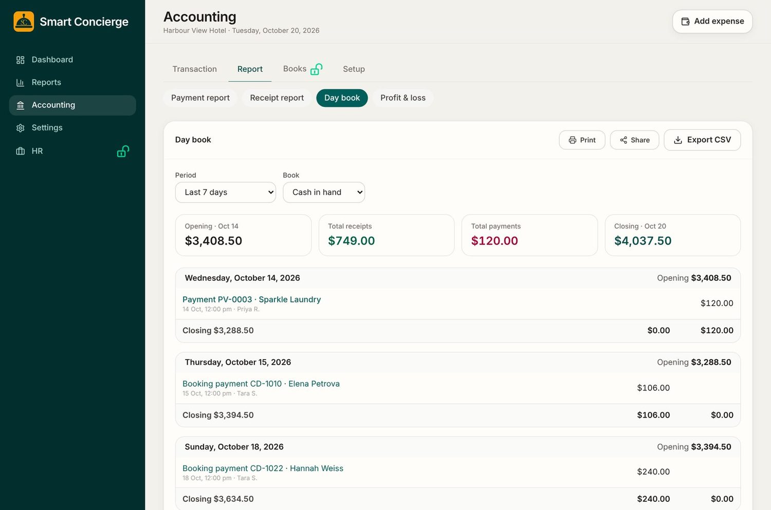 Day book with opening and closing balances