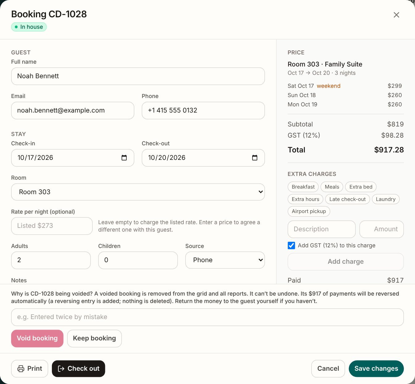 Void booking panel explaining that nothing is deleted